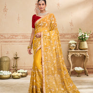 Mustard embroidered tissue organza saree festive wear