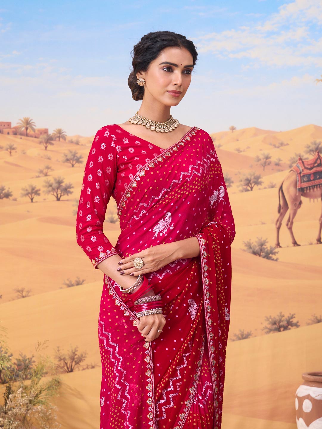 Pink bandhani printed georgette saree wedding wear
