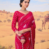 Pink bandhani printed georgette saree wedding wear