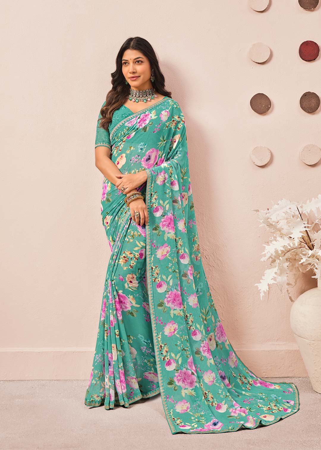 Blue floral printed georgette saree party wear