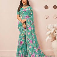 Blue floral printed georgette saree party wear