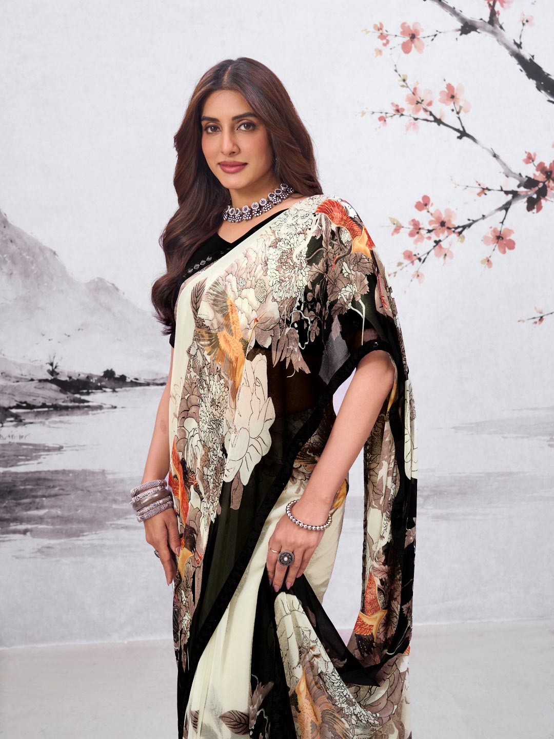 White floral printed georgette saree wedding wear