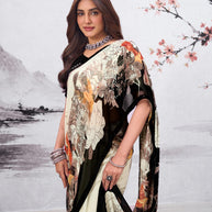 White floral printed georgette saree wedding wear