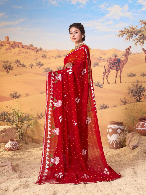 Red bandhani printed georgette saree party wear