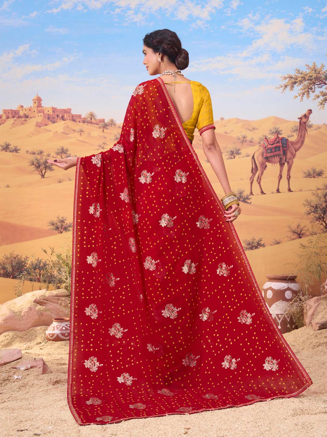 Red bandhani printed georgette saree party wear