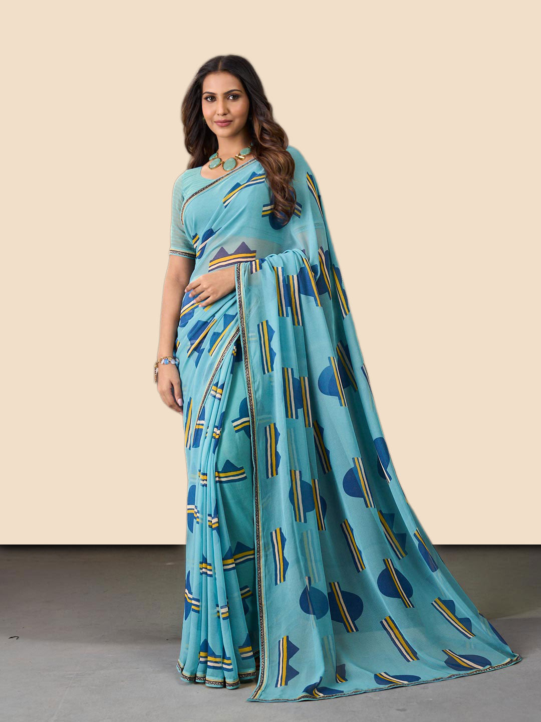 Laxmipati Rudramala Blue Georgette Geometric Printed Saree