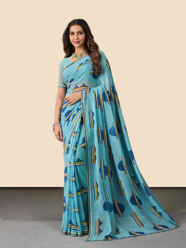 Laxmipati Rudramala Blue Georgette Geometric Printed Saree