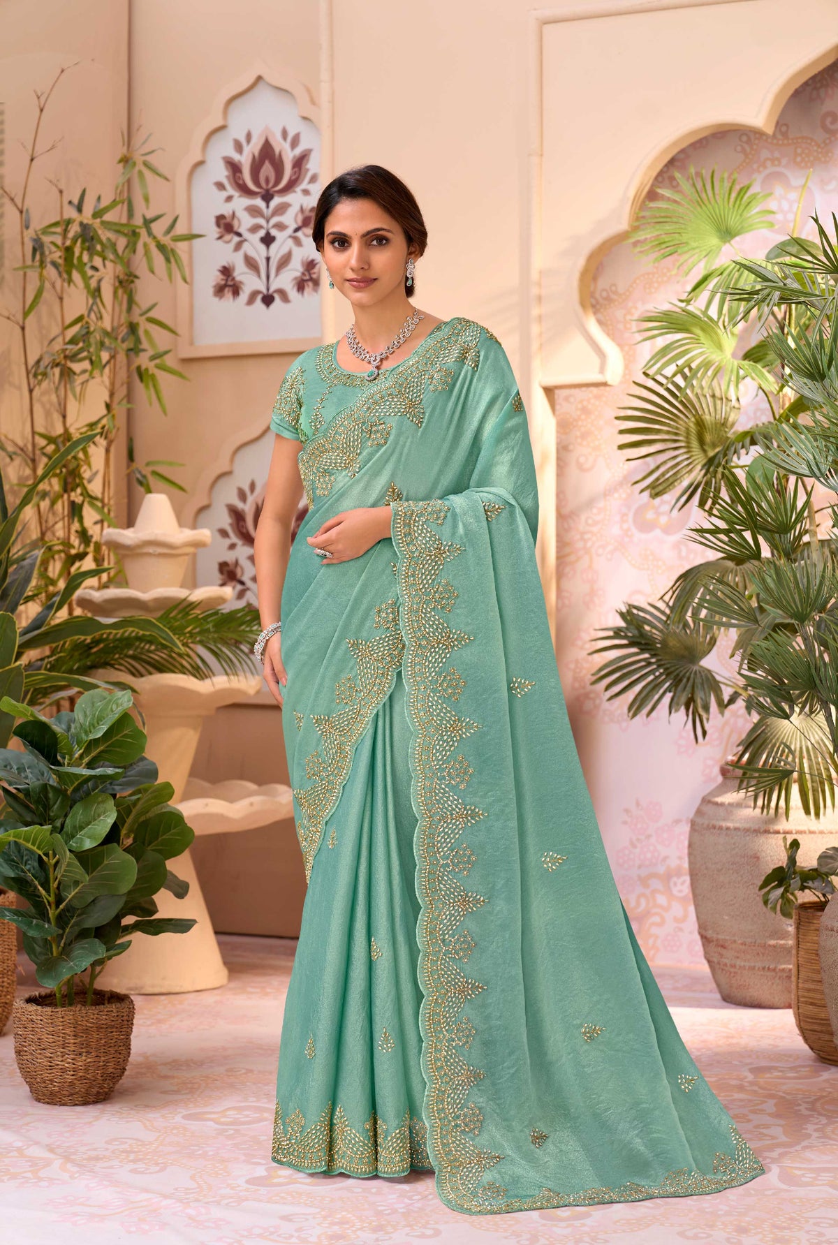 Blue embroidered chiffon saree party wear