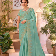 Blue embroidered chiffon saree party wear
