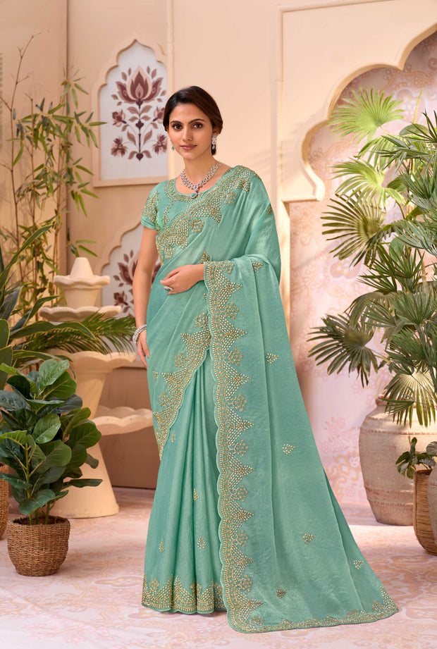 Blue embroidered chiffon saree party wear