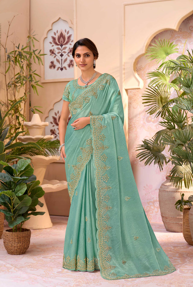 Blue embroidered chiffon saree party wear