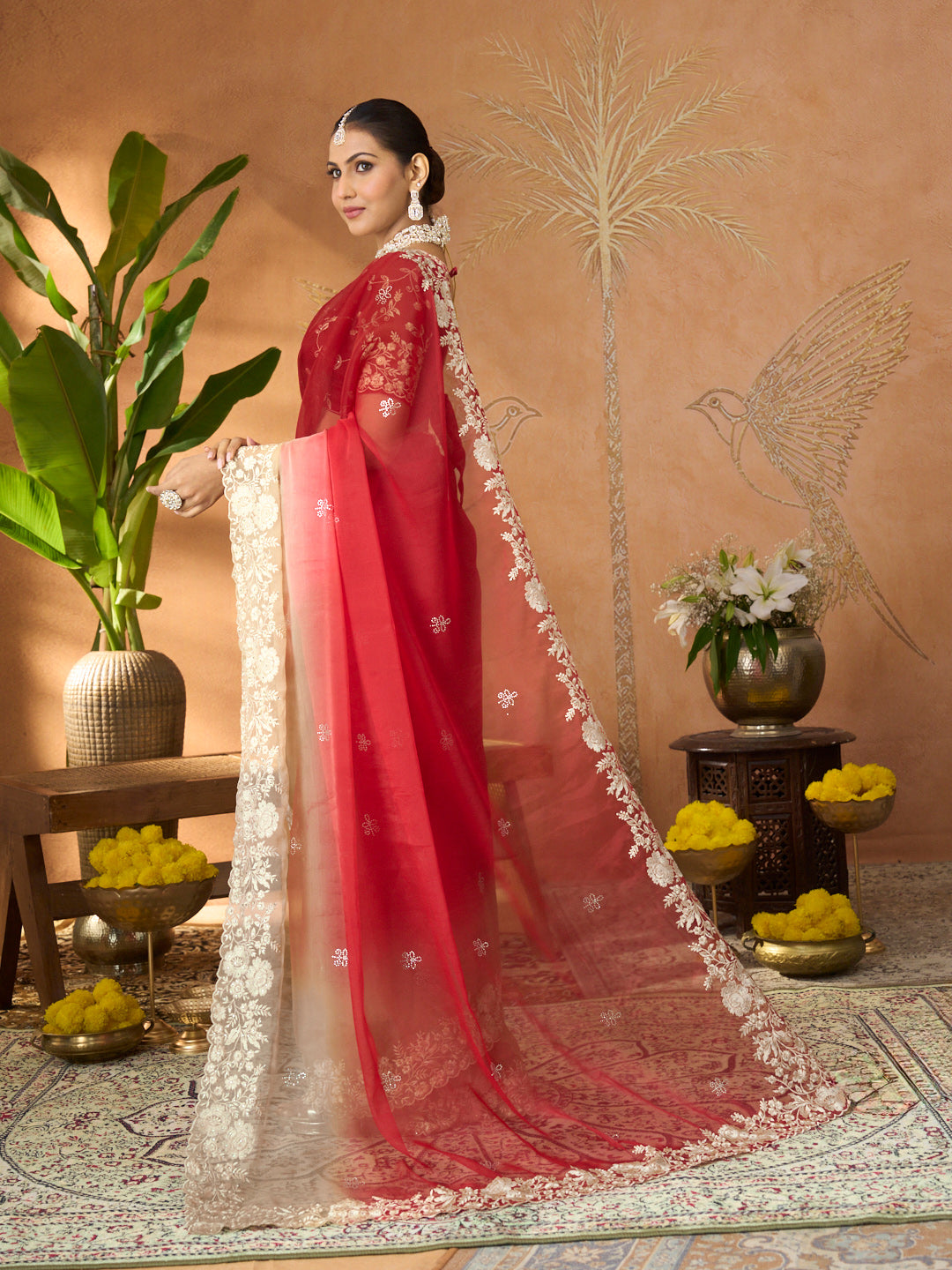 Red floral embroidered tissue organza saree daily wear