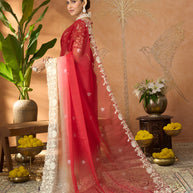 Red floral embroidered tissue organza saree daily wear
