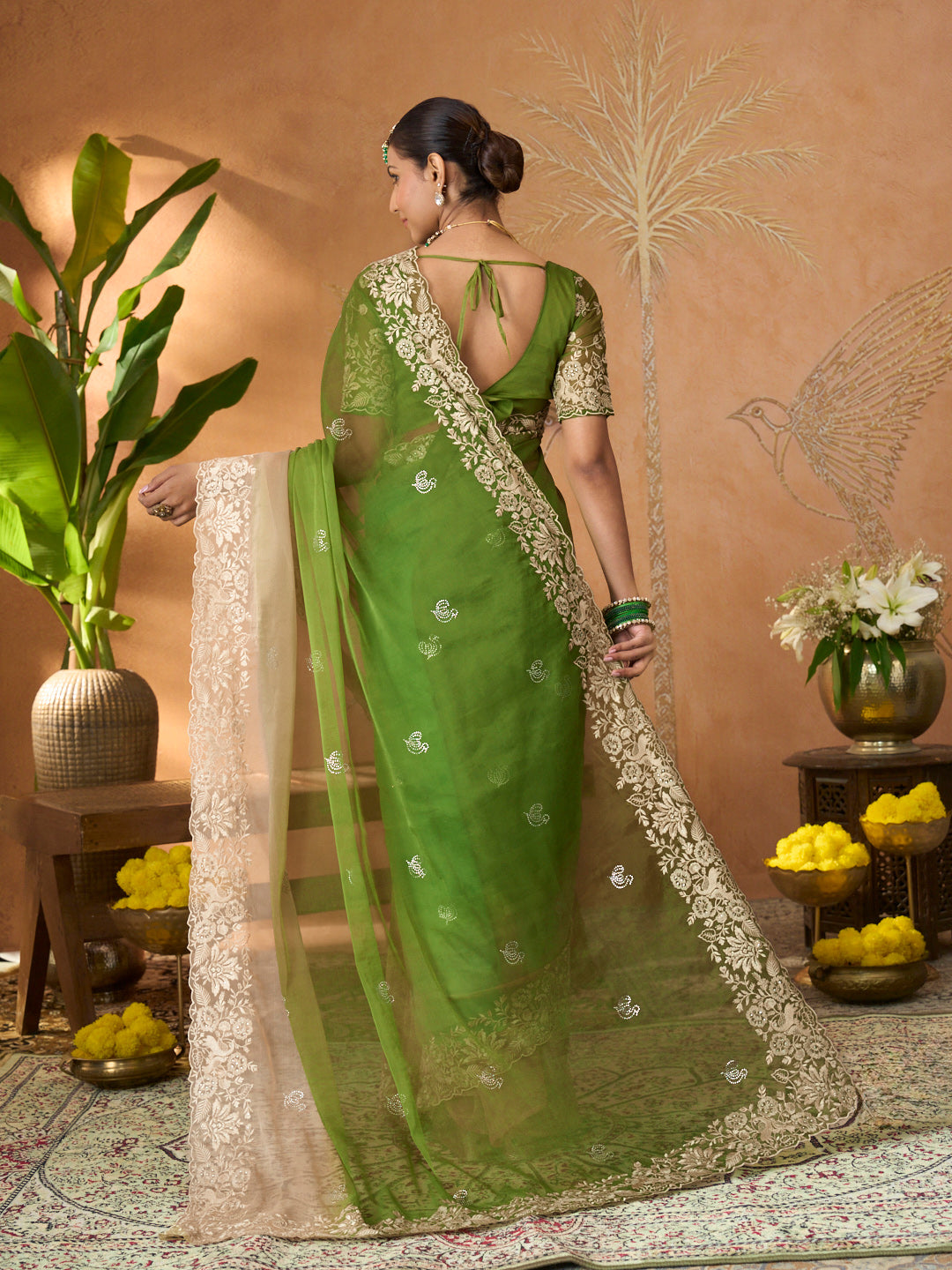 Green floral embroidered tissue organza saree party wear