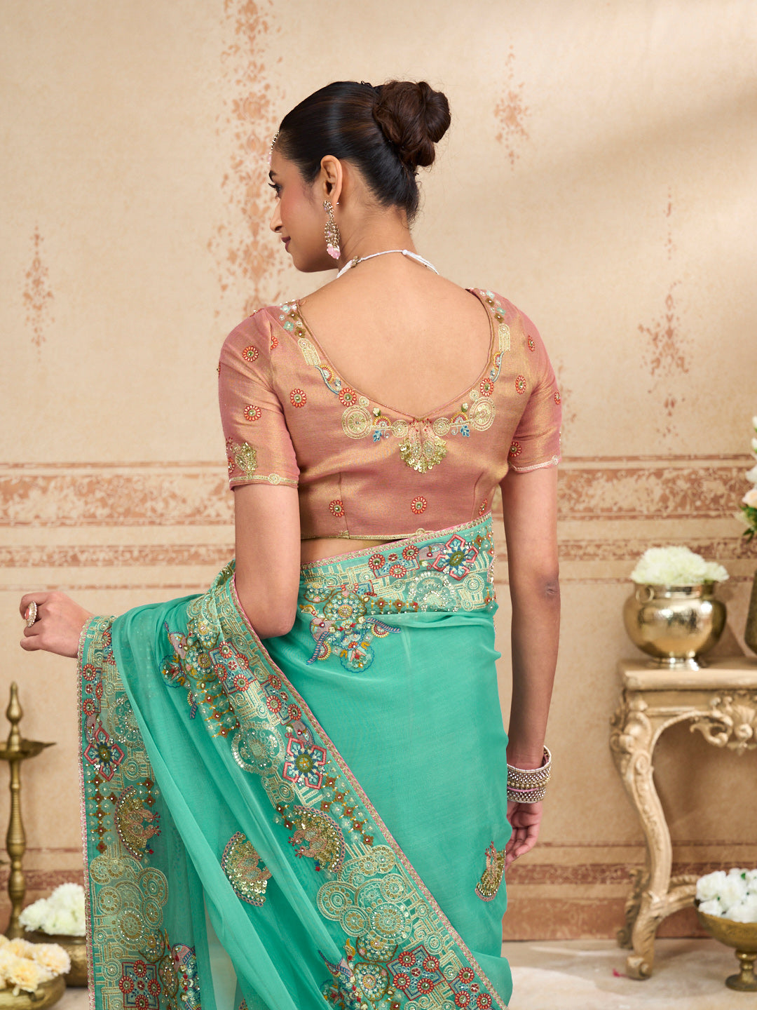 Blue embroidered tissue organza saree wedding wear