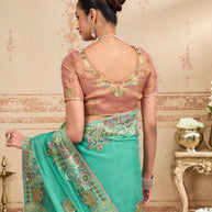 Blue embroidered tissue organza saree wedding wear