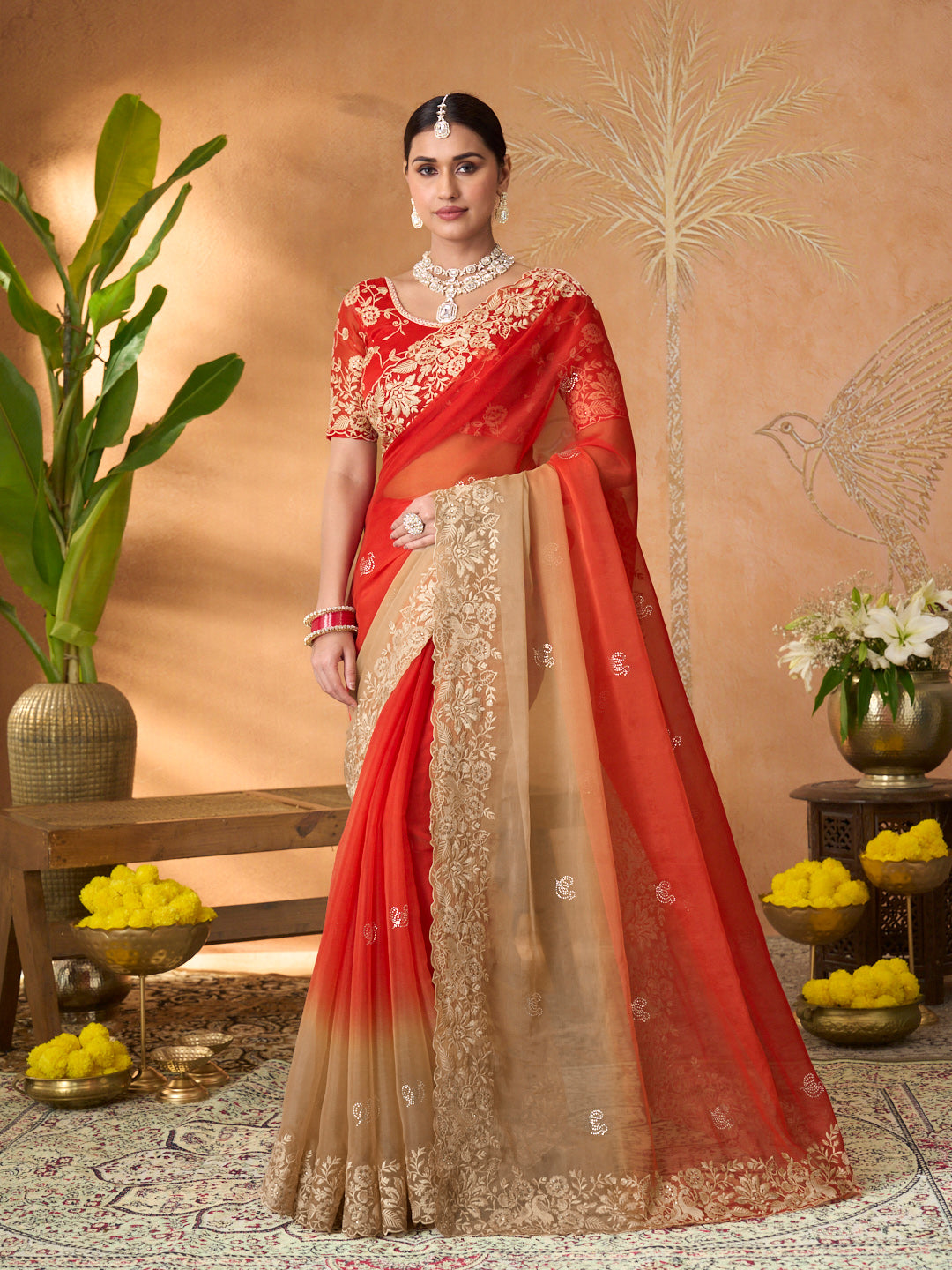 Red floral embroidered tissue organza saree festive wear