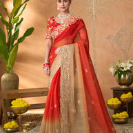 Red floral embroidered tissue organza saree festive wear