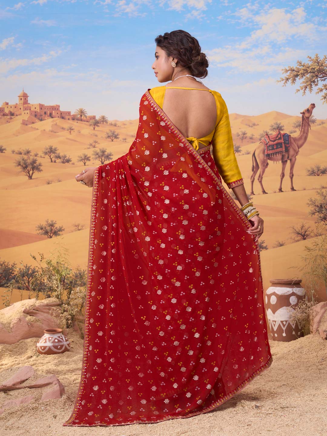 Red printed georgette saree party wear