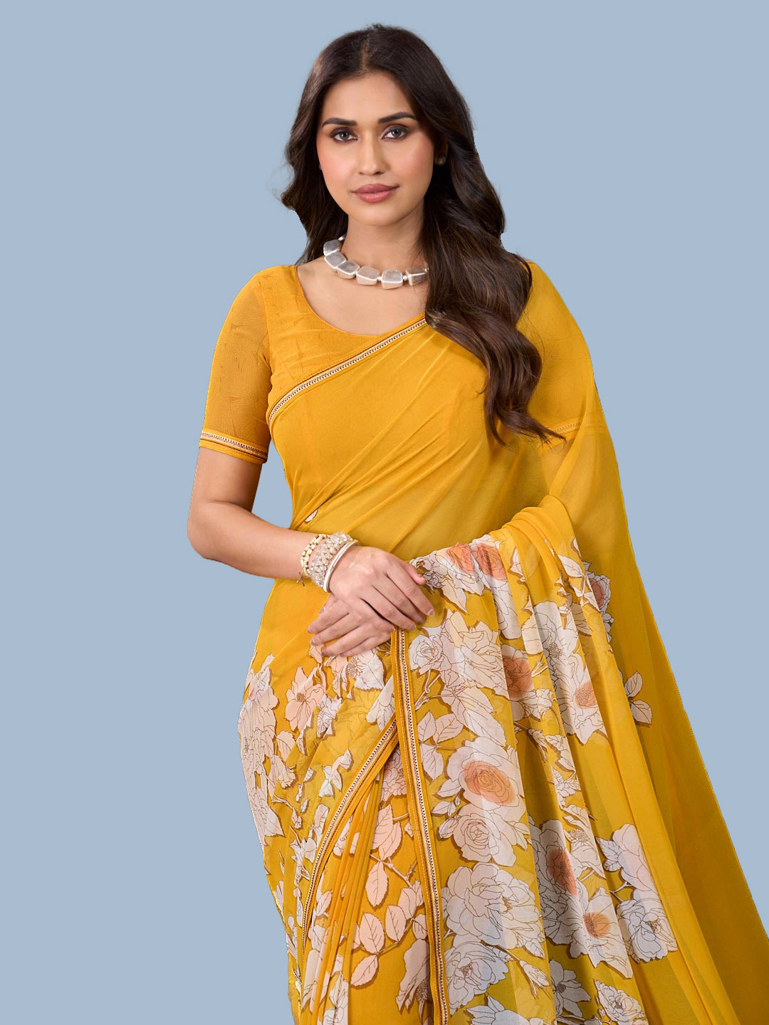 Laxmipati Rudramala Yellow Georgette Floral Printed Saree