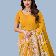 Laxmipati Rudramala Yellow Georgette Floral Printed Saree