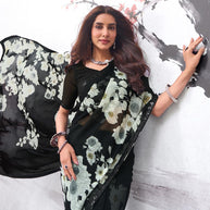 Black floral printed georgette saree wedding wear