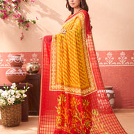 Mustard floral printed chiffon saree festive wear
