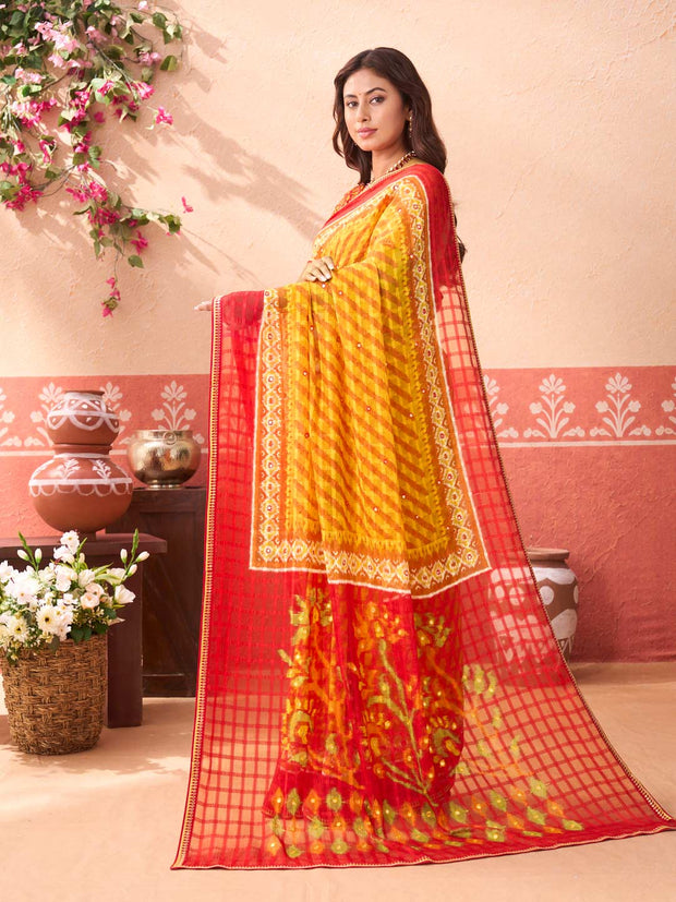 Mustard floral printed chiffon saree festive wear