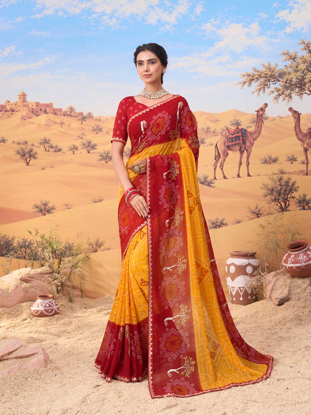 Orange bandhani printed georgette saree festive wear