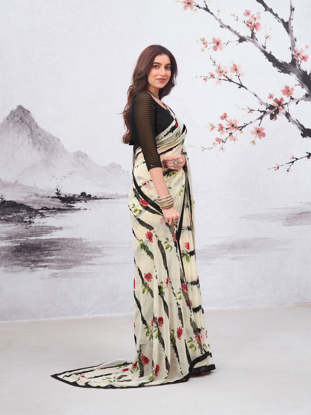 White floral printed georgette saree casual wear