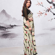White floral printed georgette saree casual wear