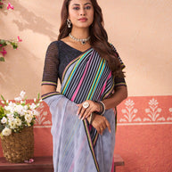 Grey geometric printed georgette saree wedding wear