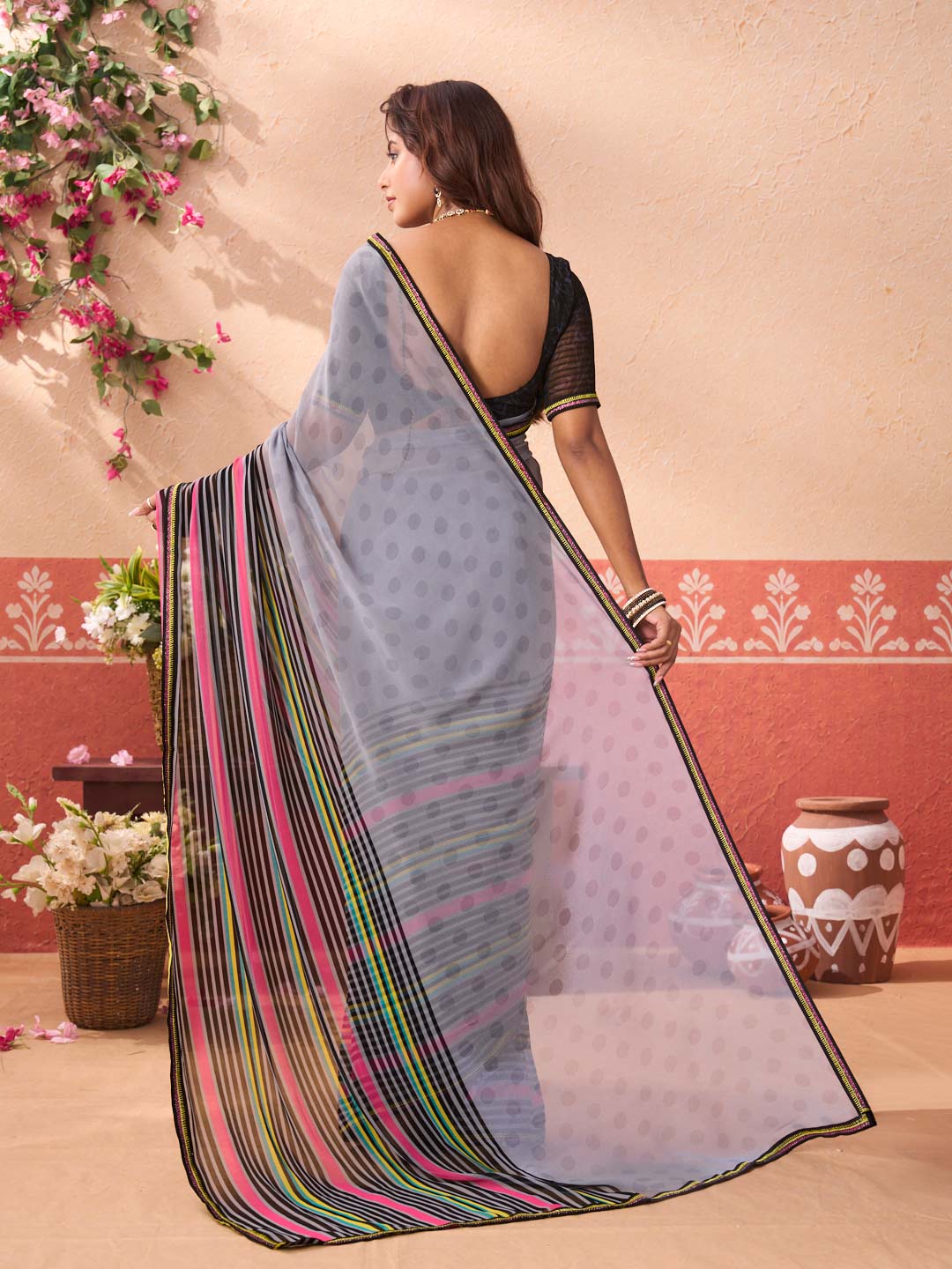Grey geometric printed georgette saree party wear