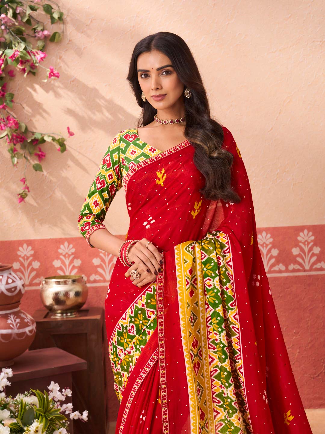 Red floral printed silk blend saree wedding wear