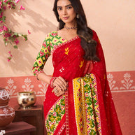 Red floral printed silk blend saree wedding wear