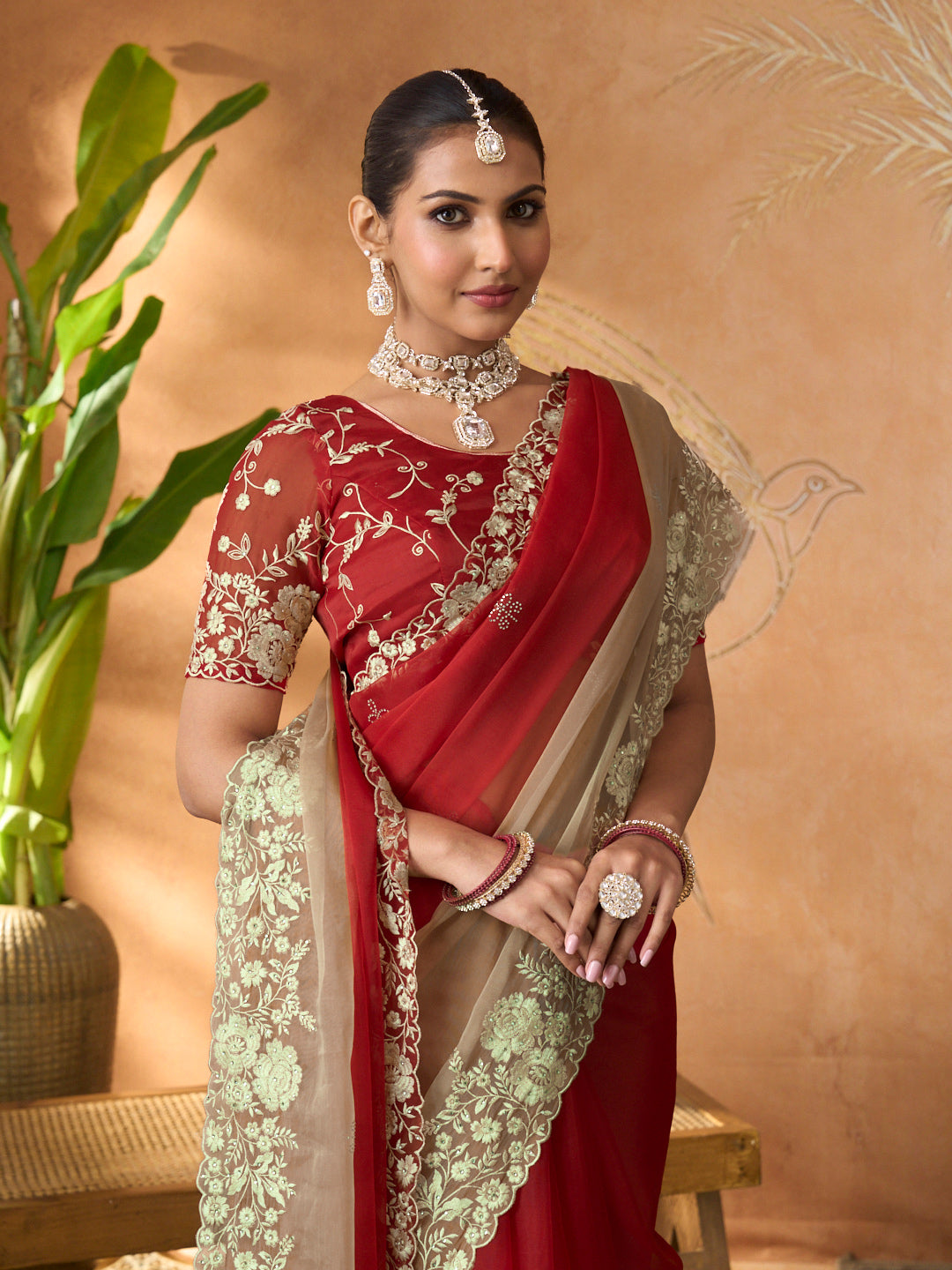 Red floral embroidered tissue organza saree wedding wear
