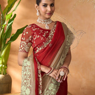 Red floral embroidered tissue organza saree wedding wear