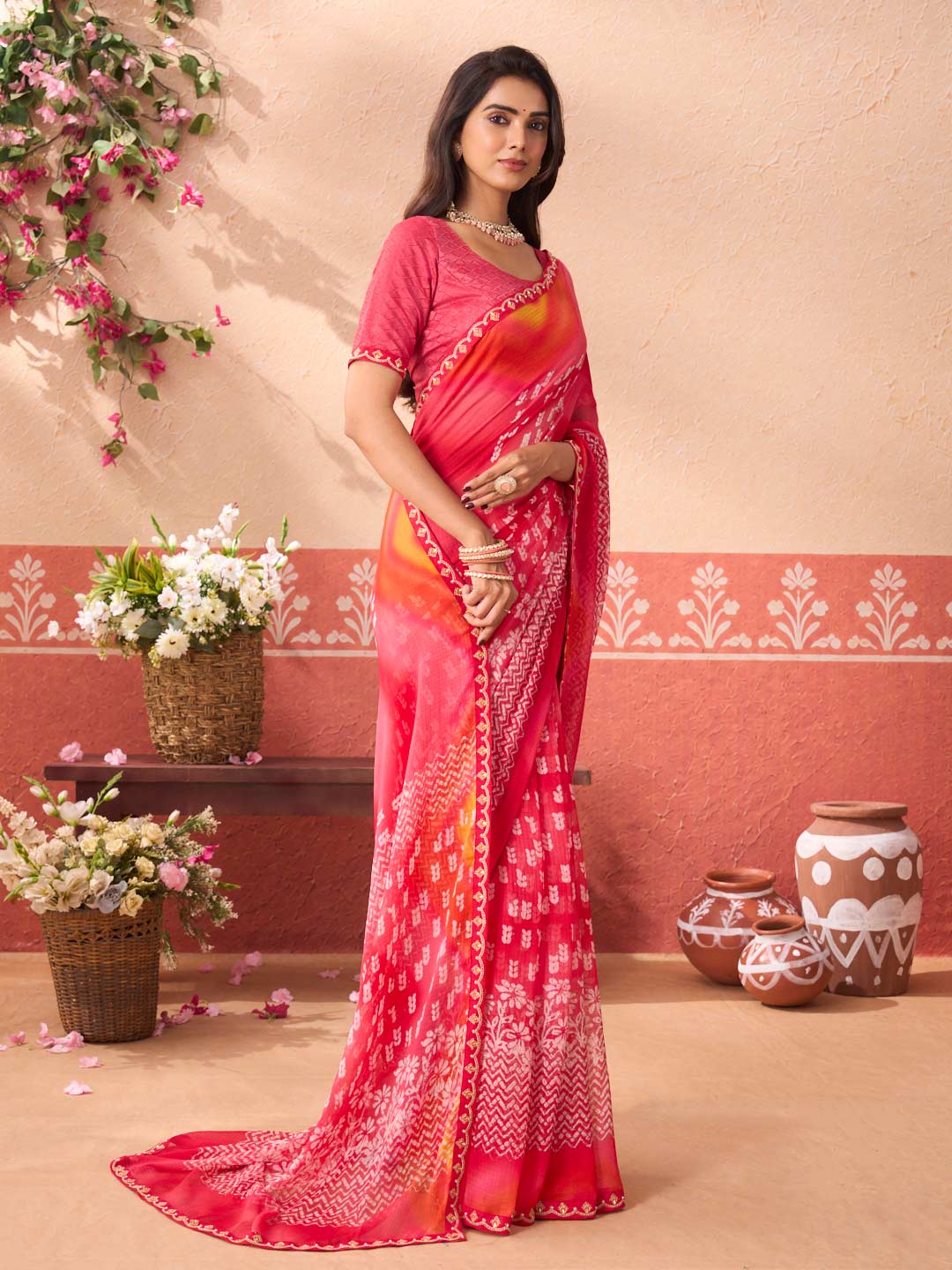 Pink floral printed chiffon saree casual wear