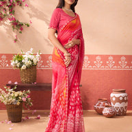 Pink floral printed chiffon saree casual wear