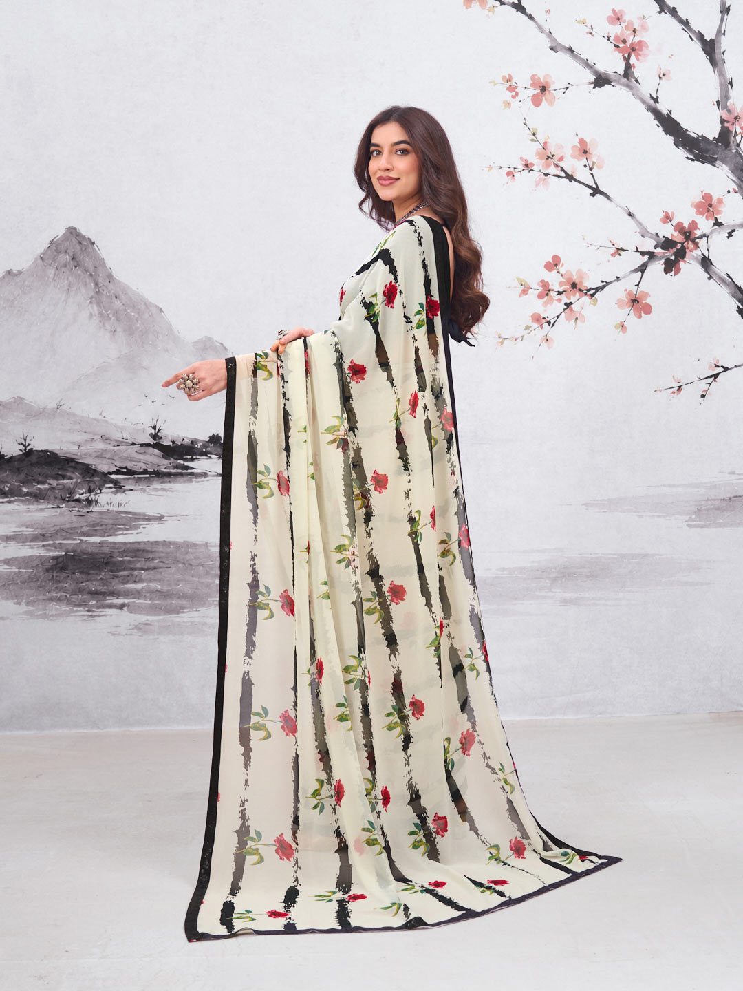 White floral printed georgette saree daily wear