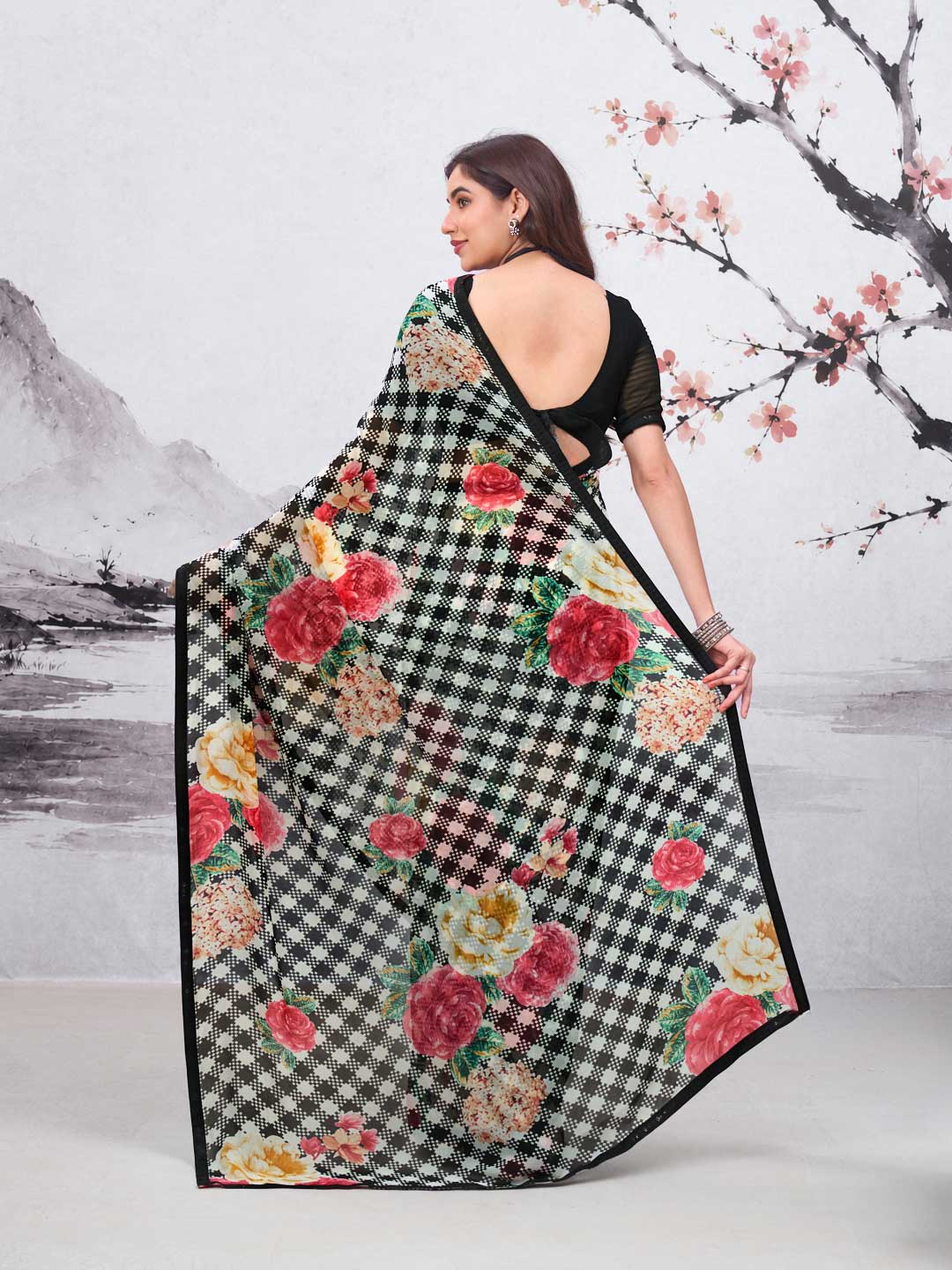 Black printed georgette saree festive wear