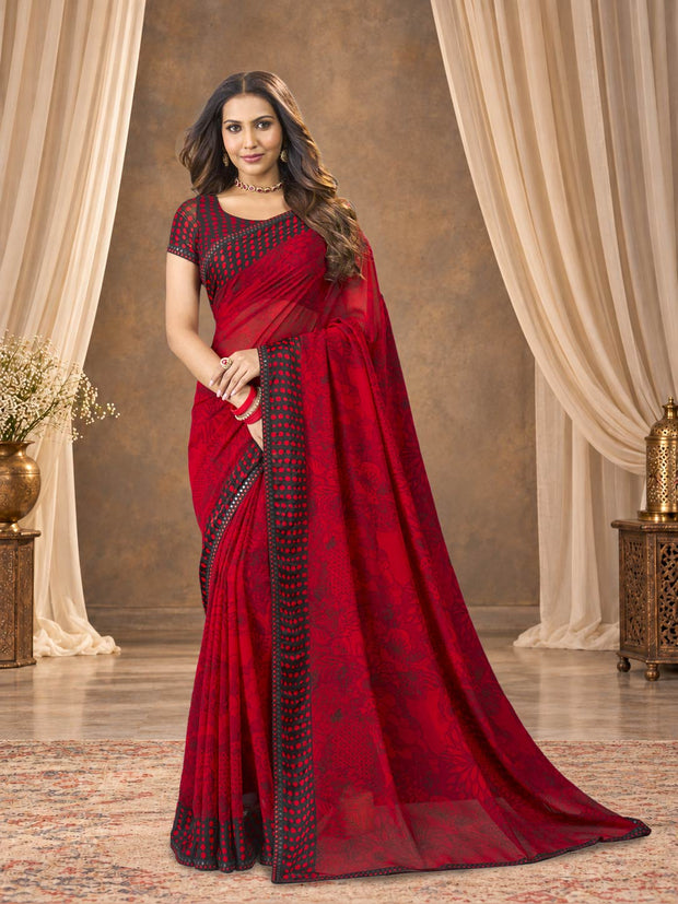 Red floral printed georgette saree party wear