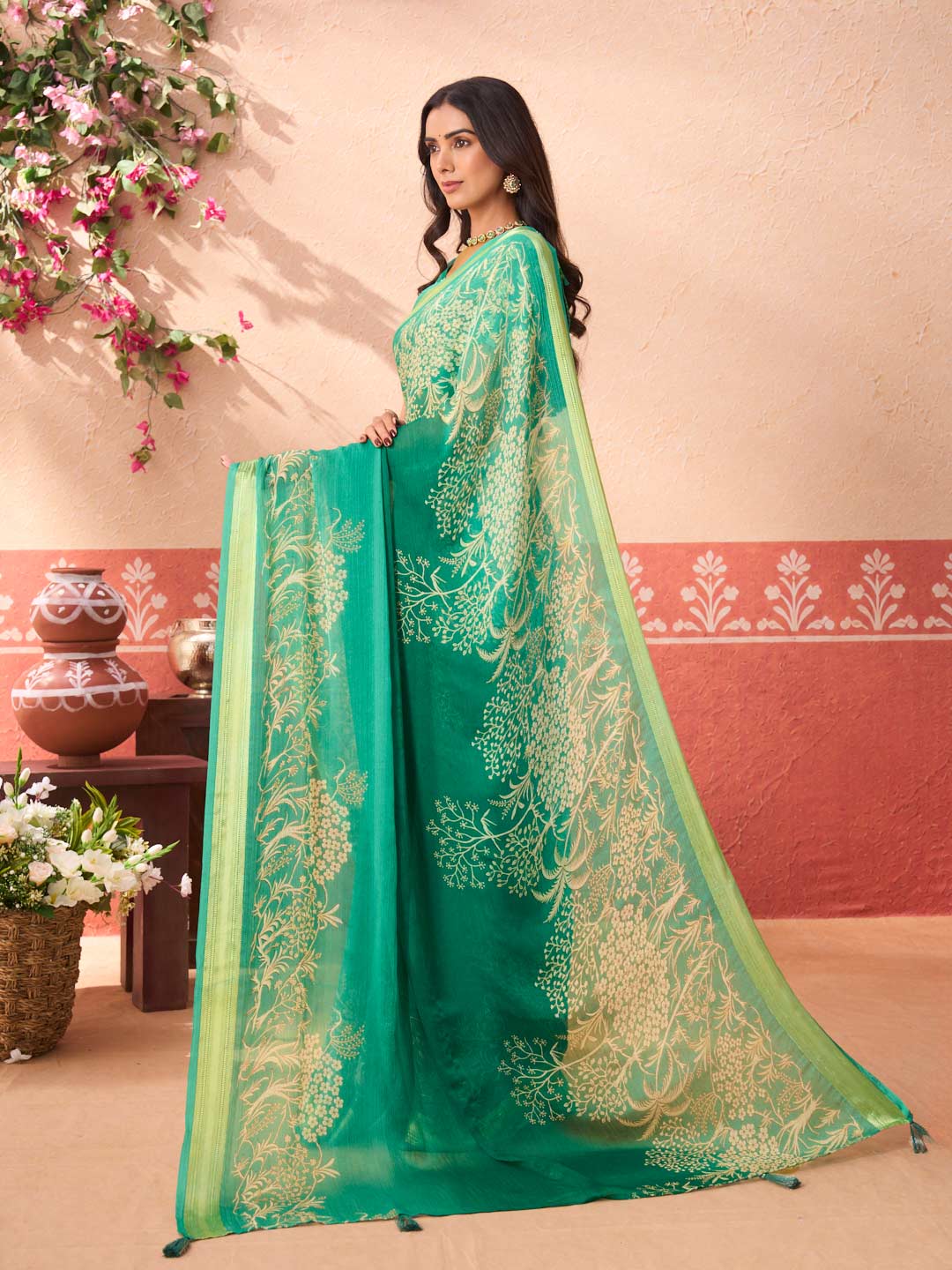 Green floral printed chiffon saree daily wear