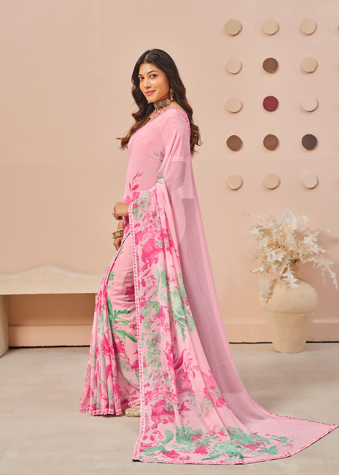 Pink floral printed georgette saree wedding wear
