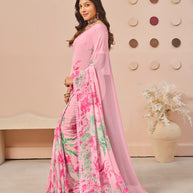 Pink floral printed georgette saree wedding wear