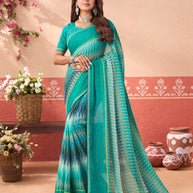 Blue printed chiffon saree party wear