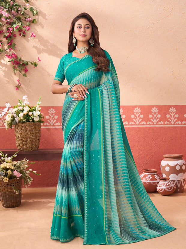 Blue printed chiffon saree party wear