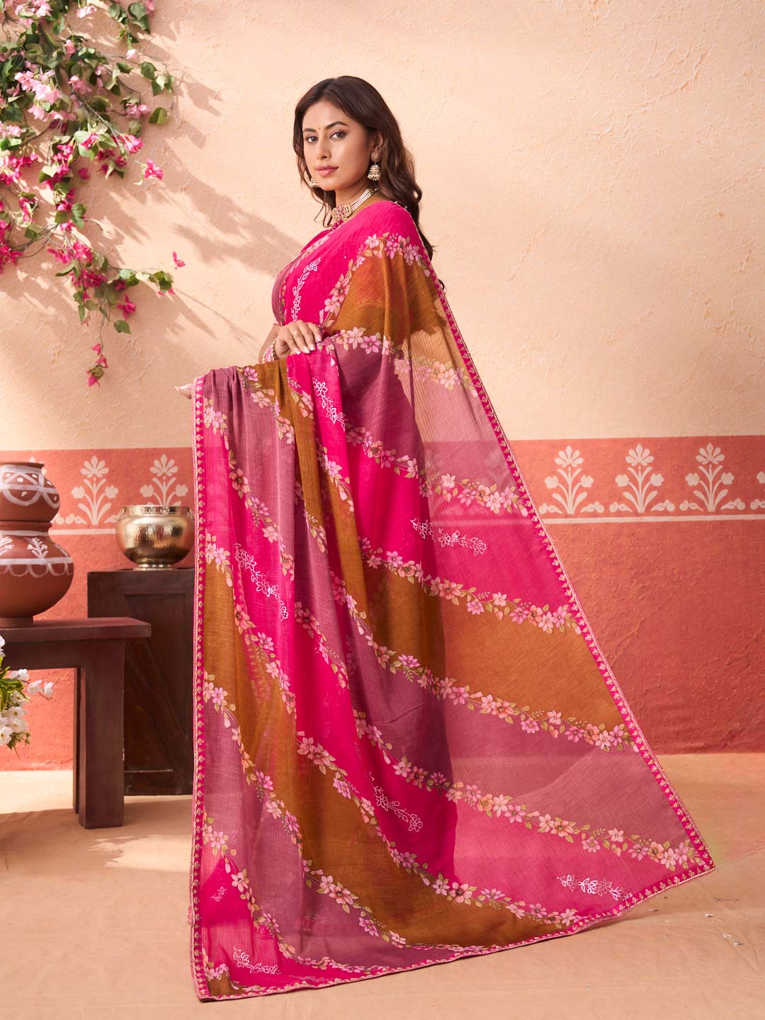 Pink floral printed chiffon saree festive wear