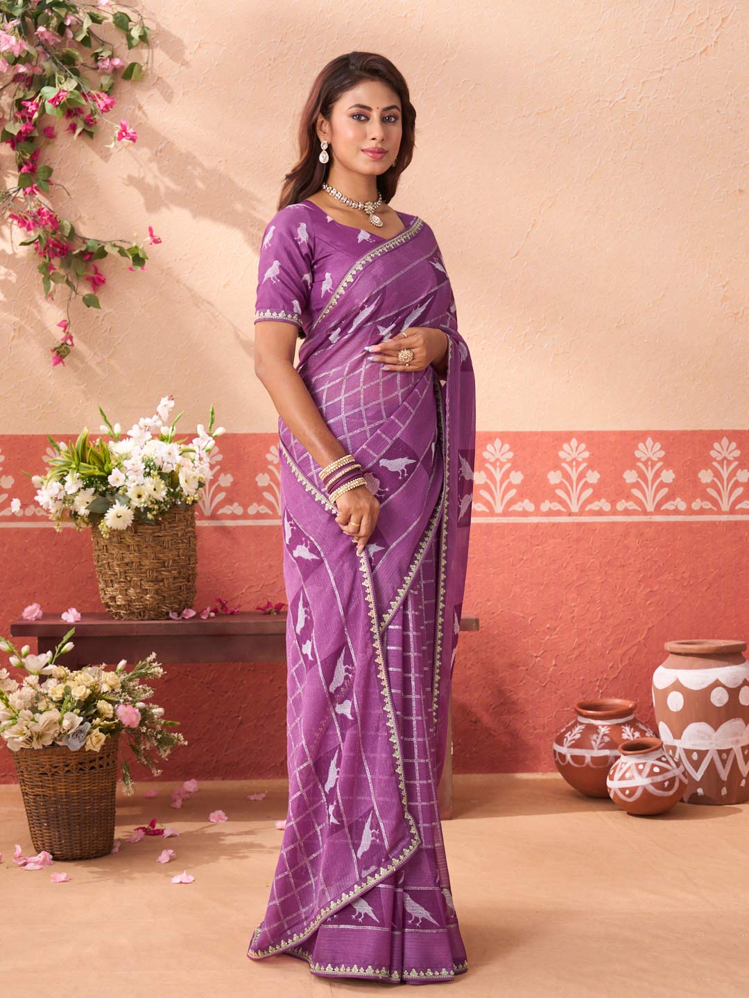 Purple printed chiffon saree casual wear