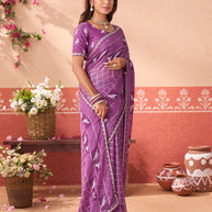 Purple printed chiffon saree casual wear